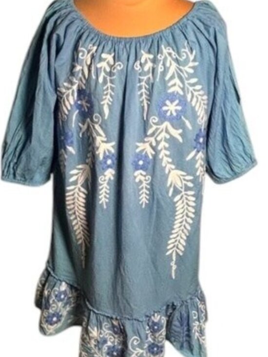 Debbie Katz Other - Debbie Katz Blue Embroidered Boho Beach Cover Up Off Shoulder Cotton L